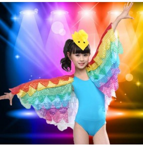 Turquoise blue yellow gold fuchsia hot pink butter fly rainbow swing sleeves girls kids child children modern dance stage performance jazz dance costumes outfits leotard tops